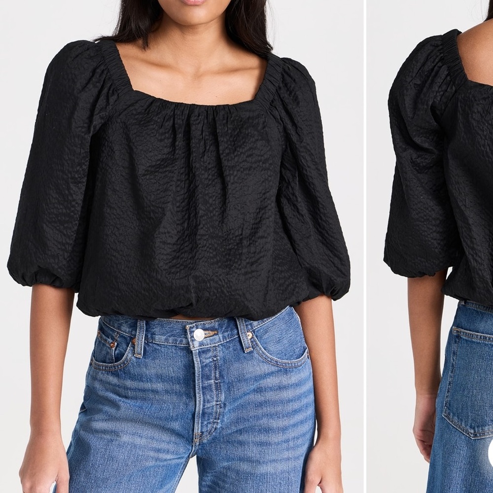 AYR Black Textured Puff-Sleeve Square-Neck Top